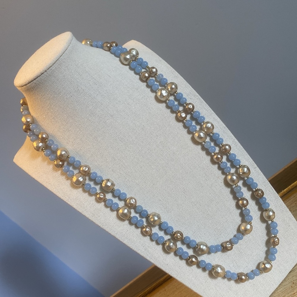 Vintage Long Gold and Blue Beaded Lariat Necklace